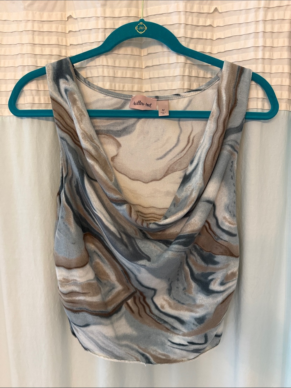 Willow Marble-Print Cowl Neck Sleeveless Top in Blue and Tan